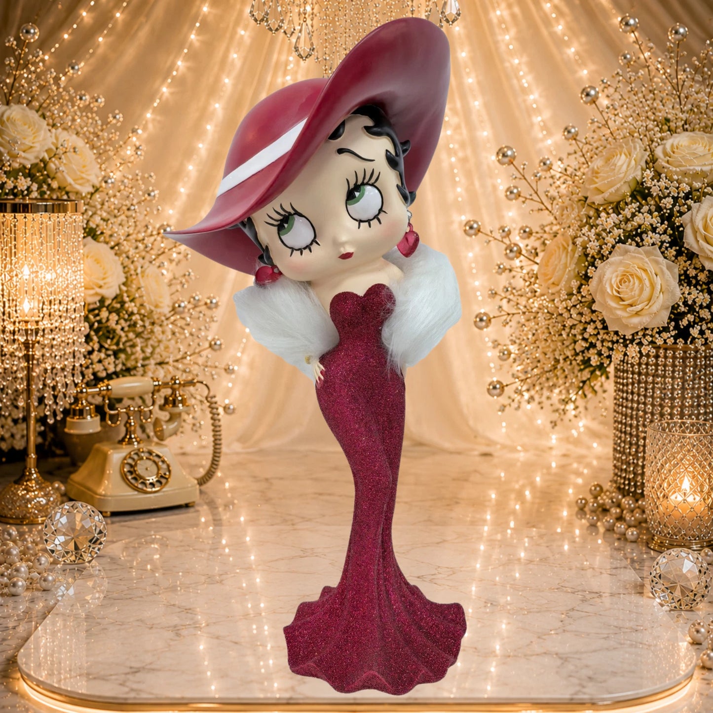 NEW BETTY BOOP MADAME RED GLITTER HAT FUR STOLE FIGURINE ORNAMENT 30.5CM VINTAGE UK STOCK