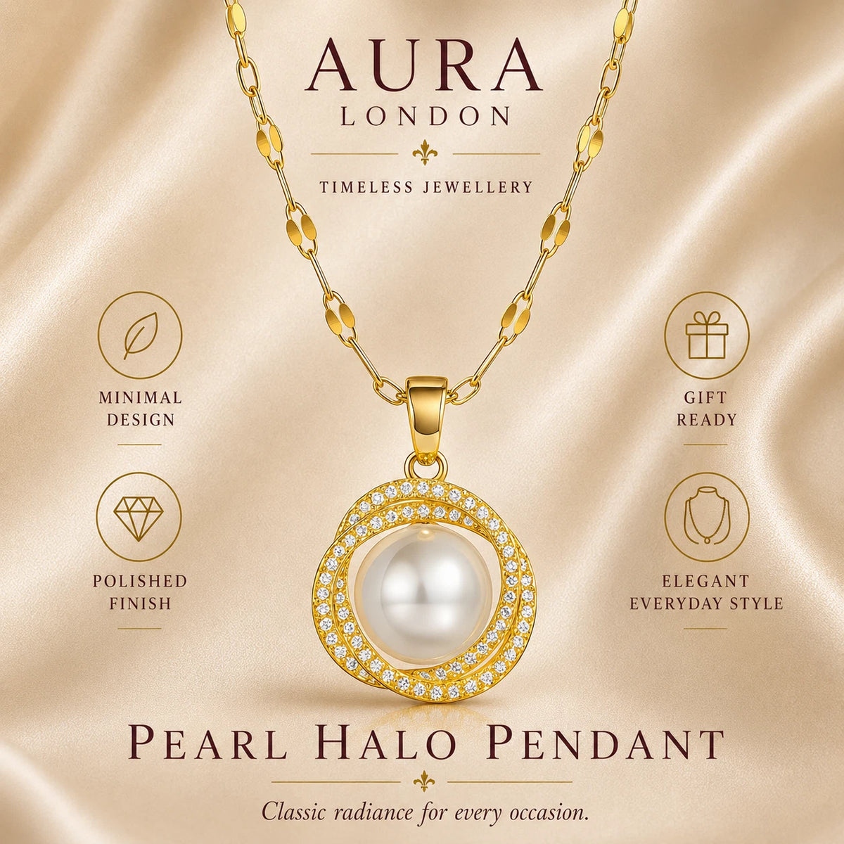 18K GOLD PLATED PEARL HALO CZ PENDANT NECKLACE TITANIUM STEEL ANTI TARNISH GIRLS