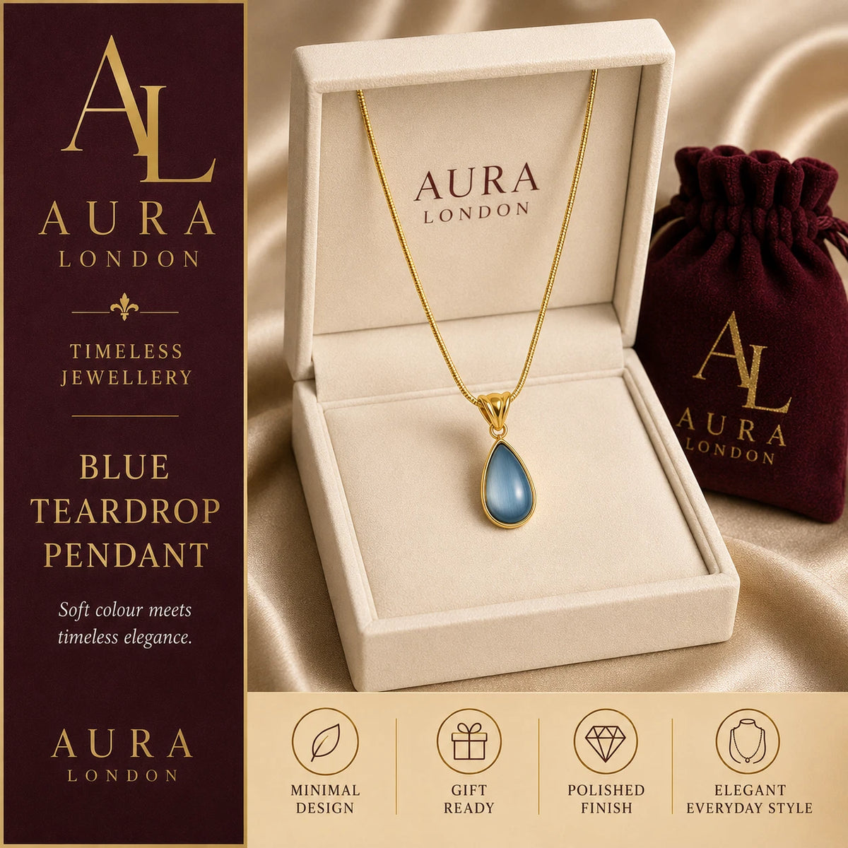 18K GOLD PLATED TITANIUM STEEL LADIES BLUE TEARDROP PENDANT NECKLACE WATERPROOF