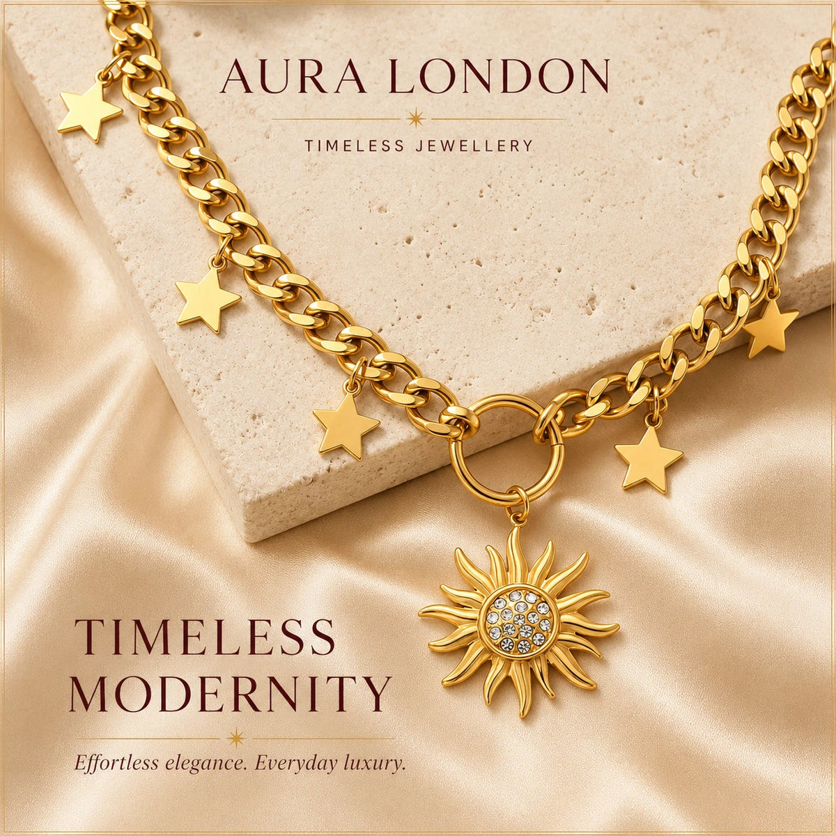 18K GOLD PLATED TITANIUM STEEL LADIES SUN STAR CZ NECKLACE CELESTIAL WATERPROOF