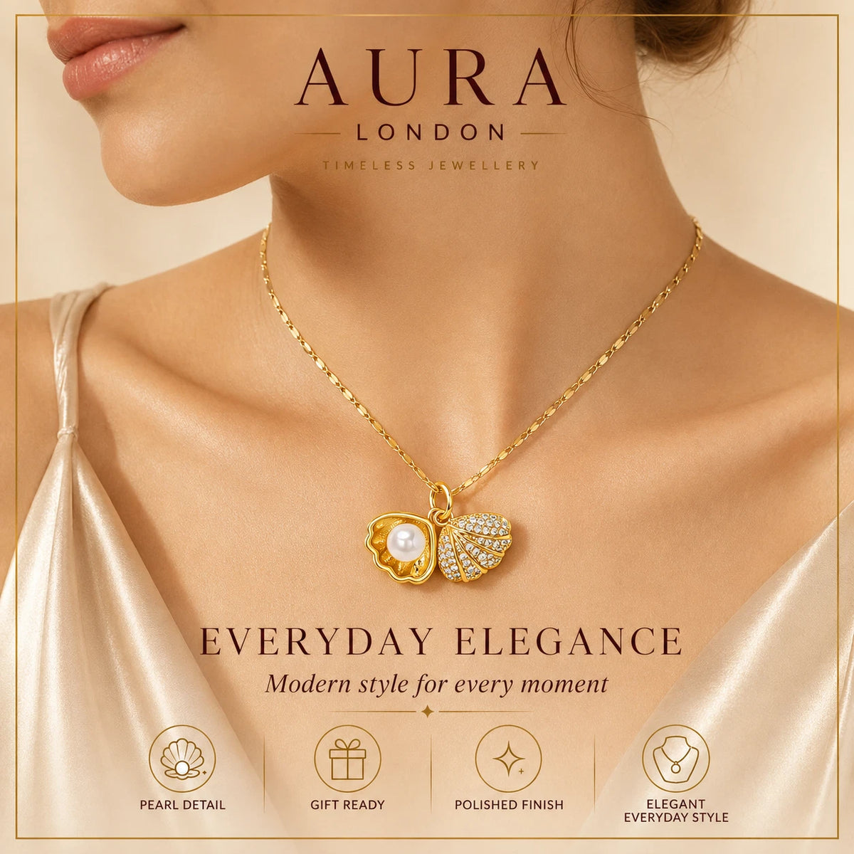 18K GOLD PLATED TITANIUM STEEL LADIES PEARL SHELL CZ NECKLACE WATERPROOF GIFT UK