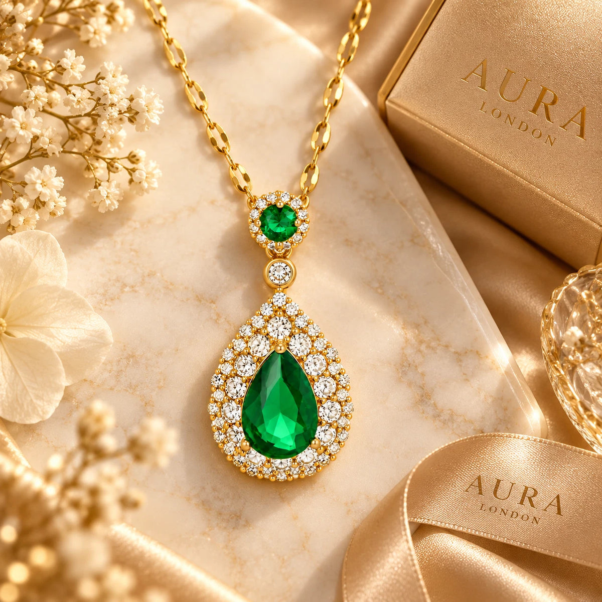 18K Gold Plated Titanium Steel Green Teardrop Pendant Necklace Waterproof Gift