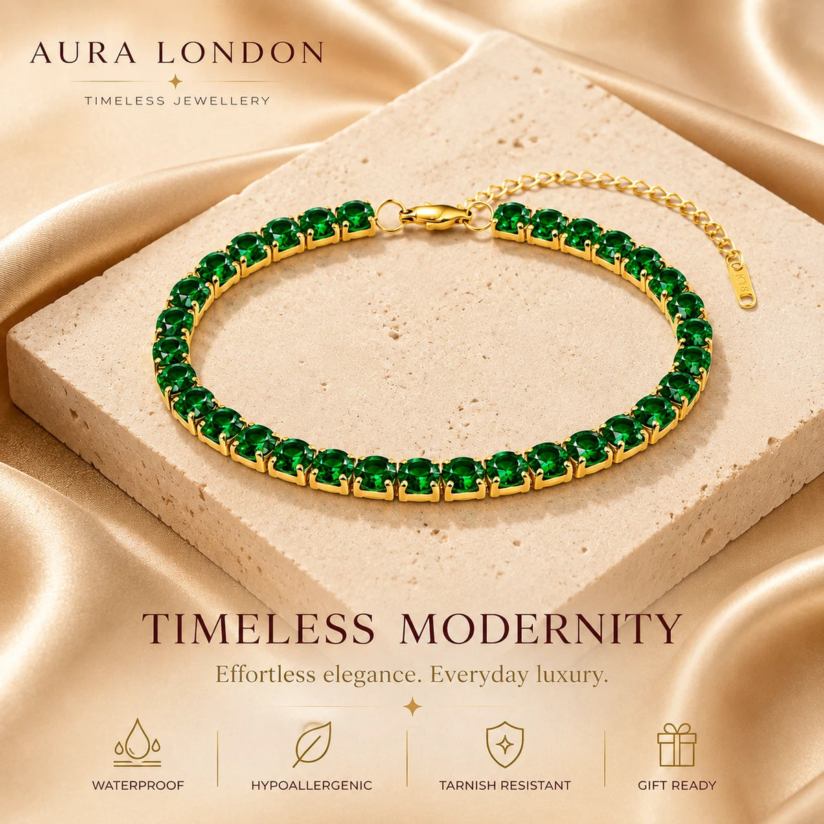 18K GOLD PLATED TITANIUM STEEL LADIES GREEN CZ TENNIS BRACELET ADJUSTABLE GIFT