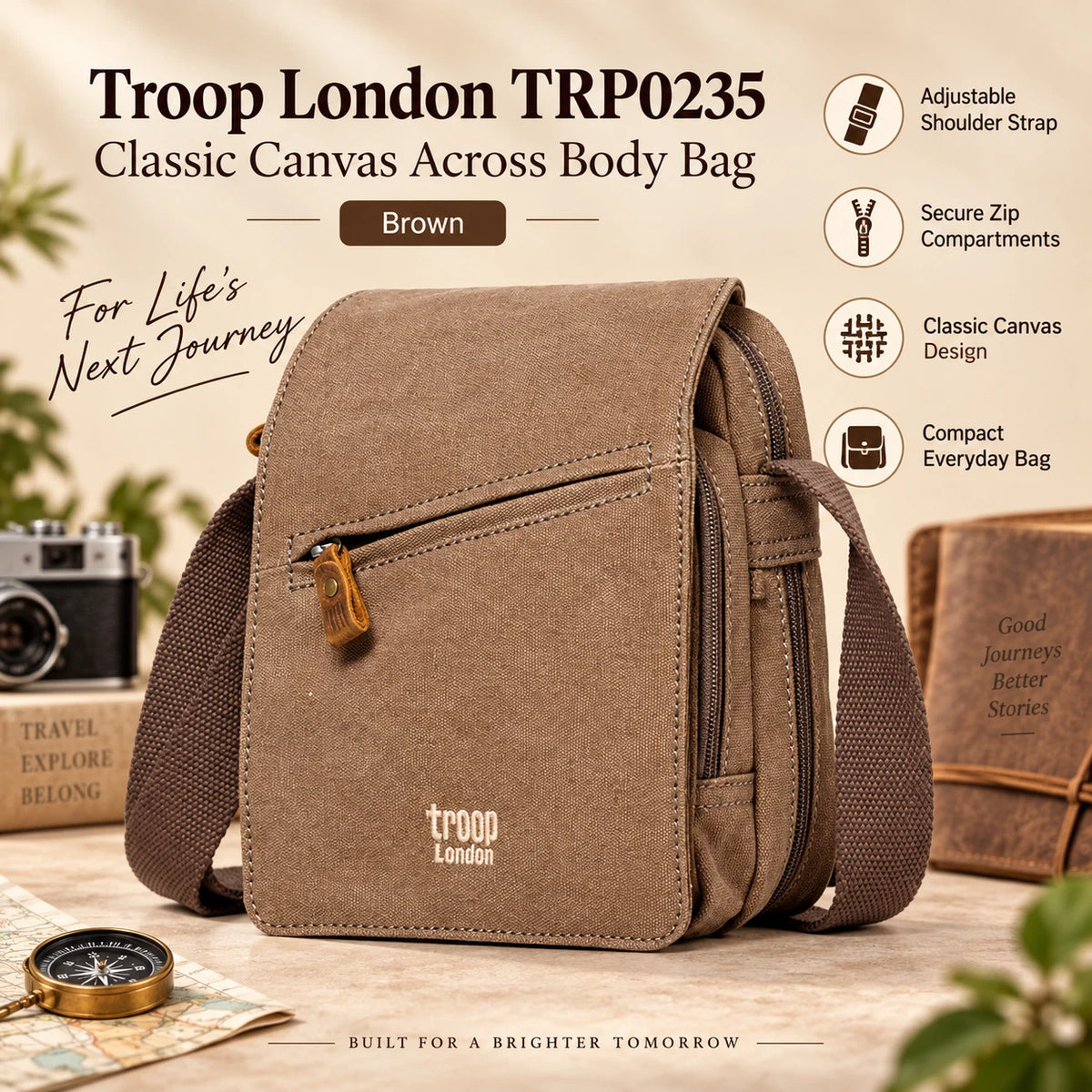 TROOP LONDON TRP0239 CLASSIC CANVAS CROSSBODY SHOULDER BAG UNISEX
