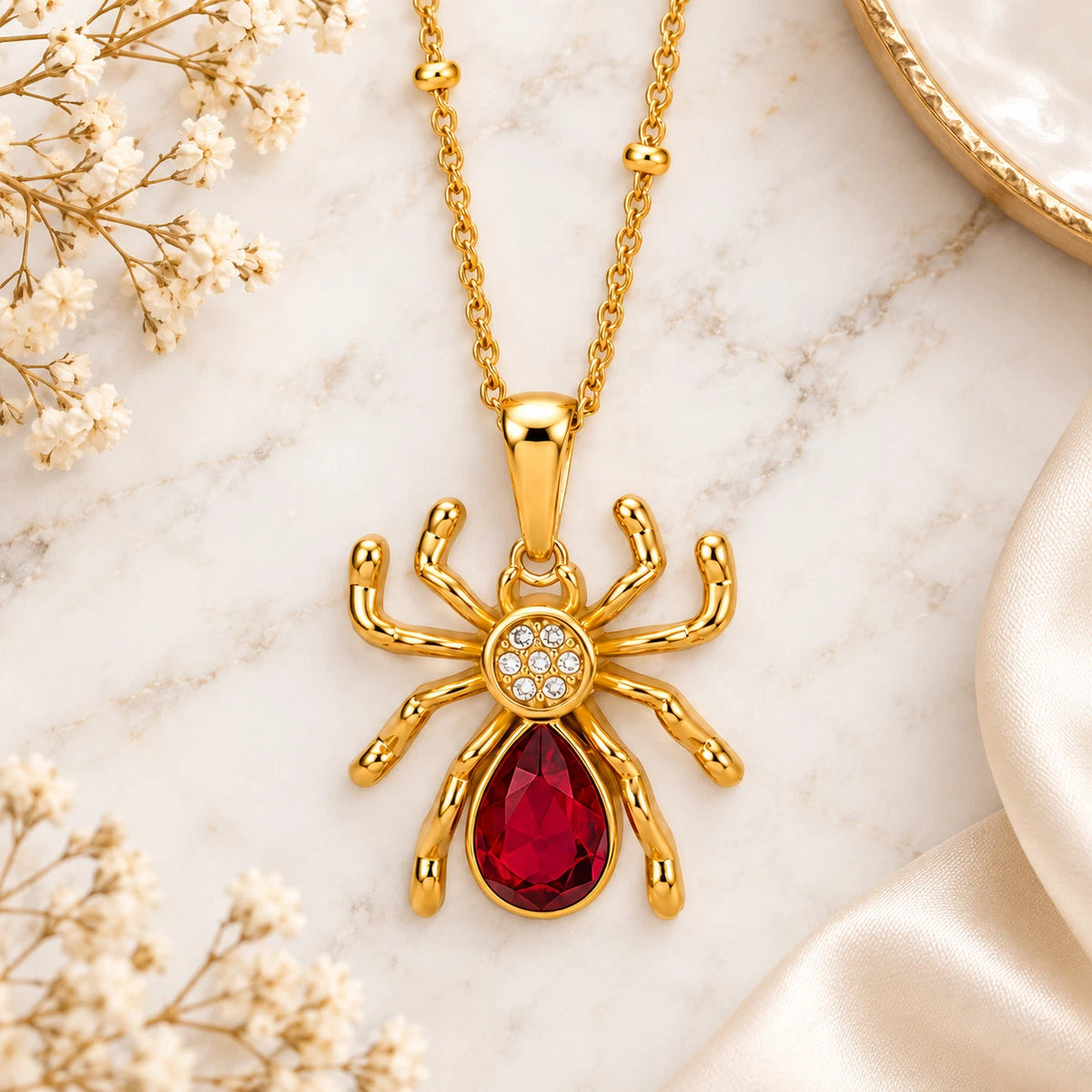 18K GOLD PLATED TITANIUM STEEL RED SPIDER NECKLACE WATERPROOF STATEMENT PENDANT