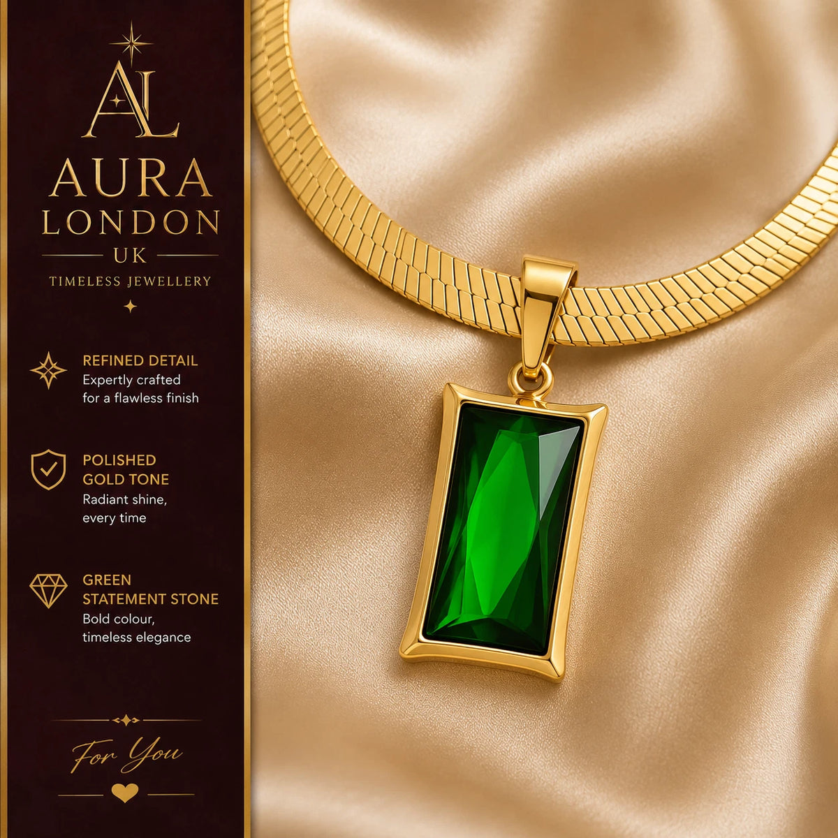 18K GOLD PLATED TITANIUM STEEL GREEN CZ PENDANT NECKLACE WATERPROOF LADIES UK