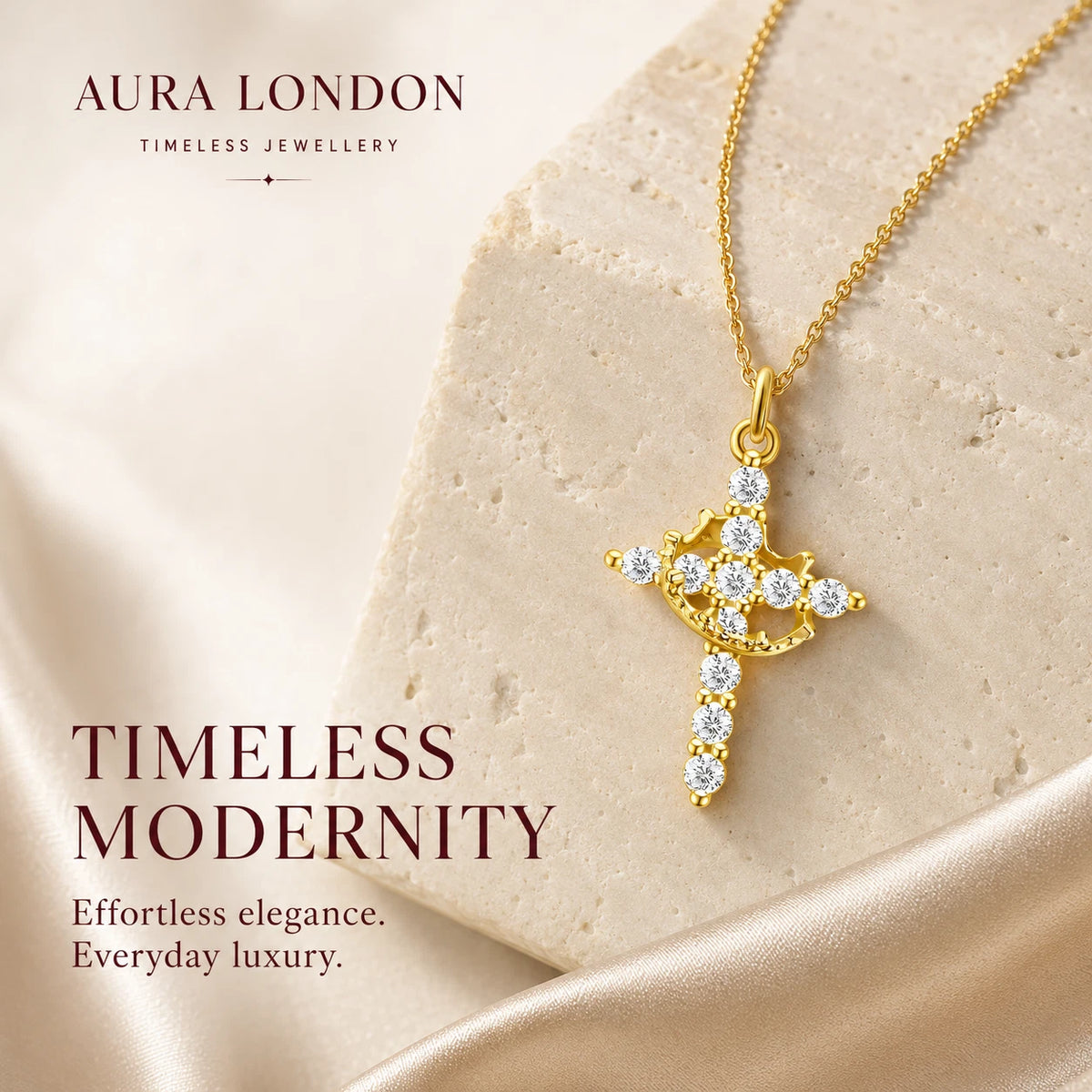 18K GOLD PLATED TITANIUM STEEL CROSS CZ NECKLACE PVD GOLD PLATED WATERPROOF GIFT