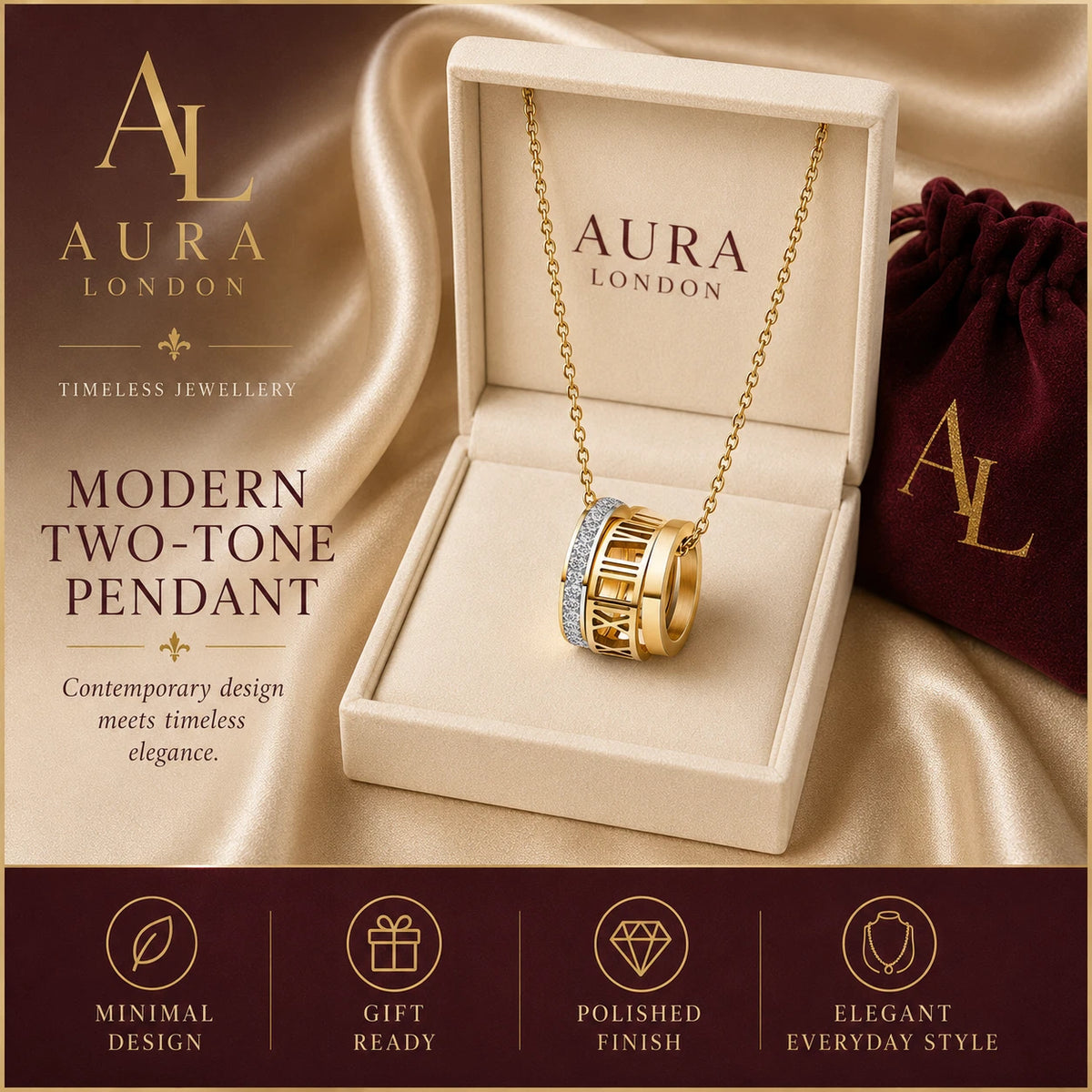 18K GOLD PLATED STAINLESS STEEL ROMAN NUMERAL CZ PENDANT NECKLACE LADIES GIFT UK
