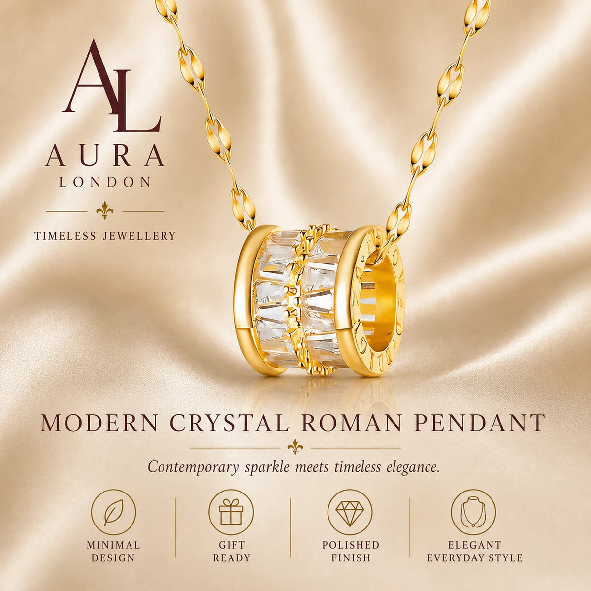 18K GOLD PLATED CRYSTAL ROMAN NUMERAL BARREL PENDANT NECKLACE LADIES WOMAN GIFT