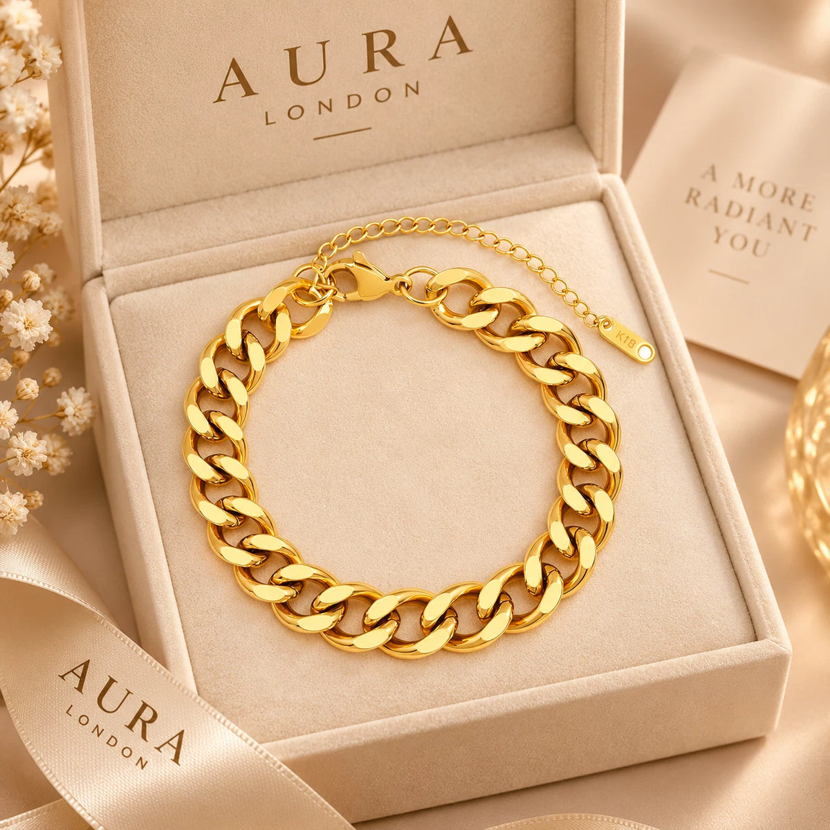 18K GOLD PLATED TITANIUM STEEL CHUNKY CURB CHAIN BRACELET WATERPROOF LADIES GIFT