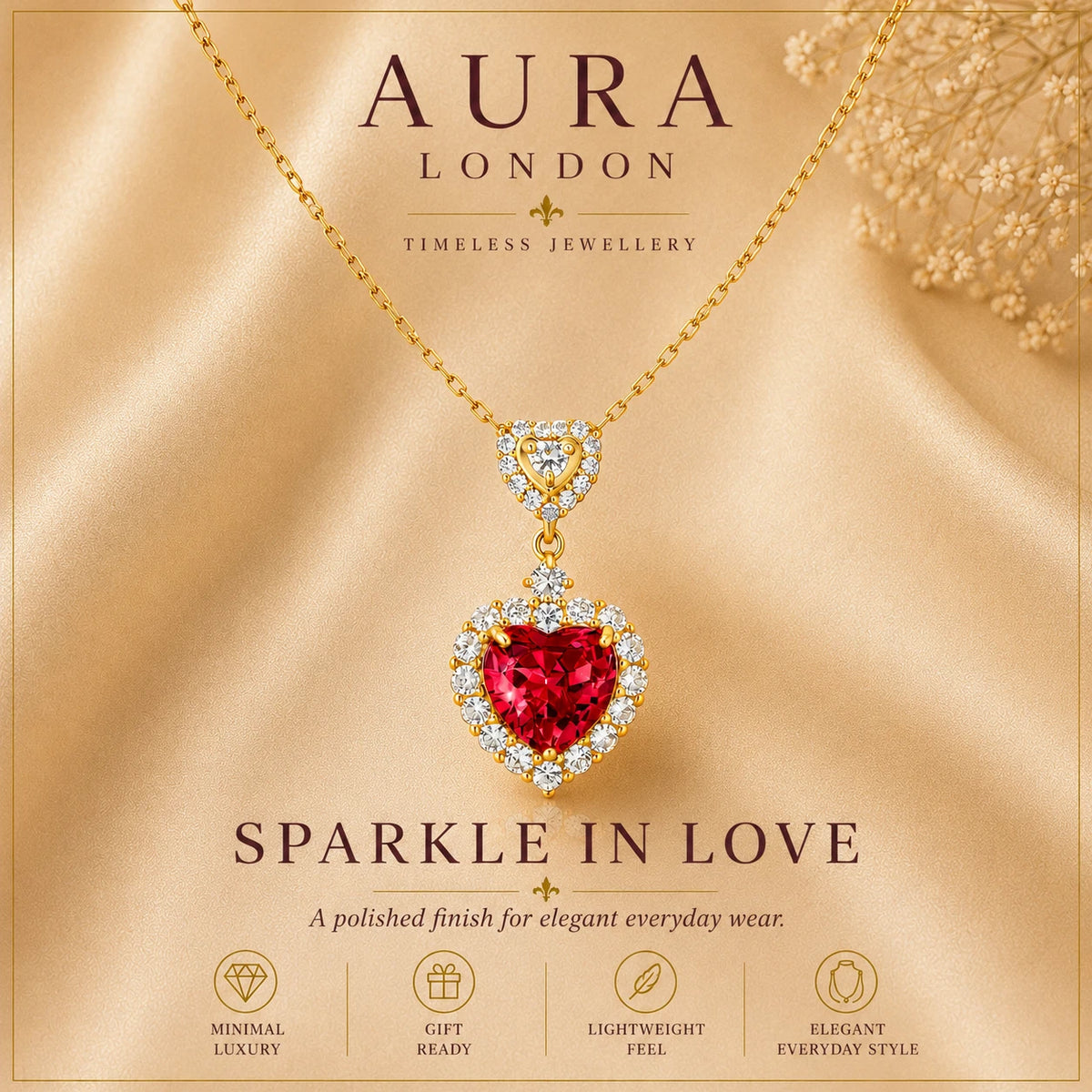 18K GOLD PLATED TITANIUM STEEL LADIES HEART CZ NECKLACE WATERPROOF ROMANTIC GIFT