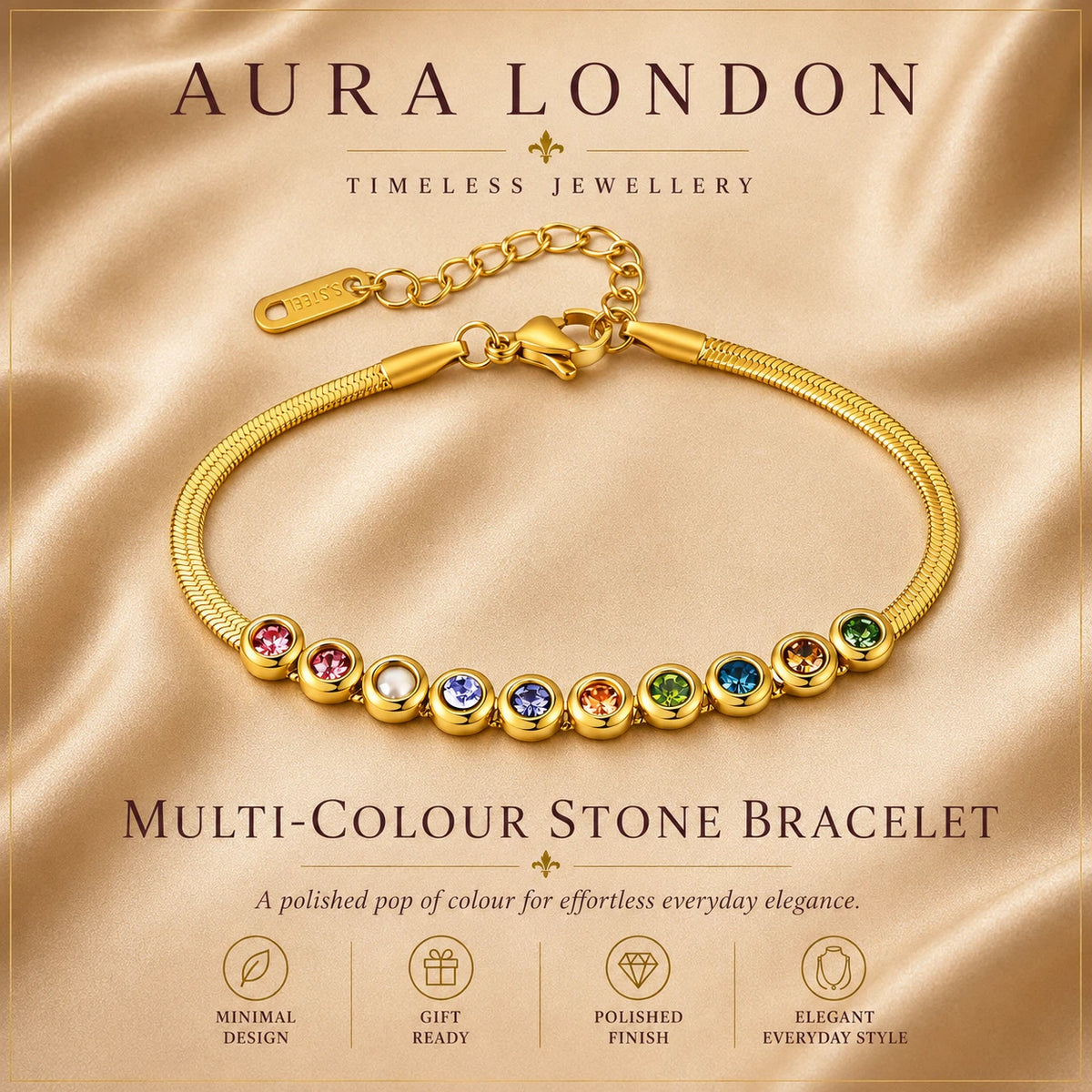 18K GOLD PLATED TITANIUM STEEL LADIES MULTICOLOUR CZ BRACELET ADJUSTABLE GIFT UK
