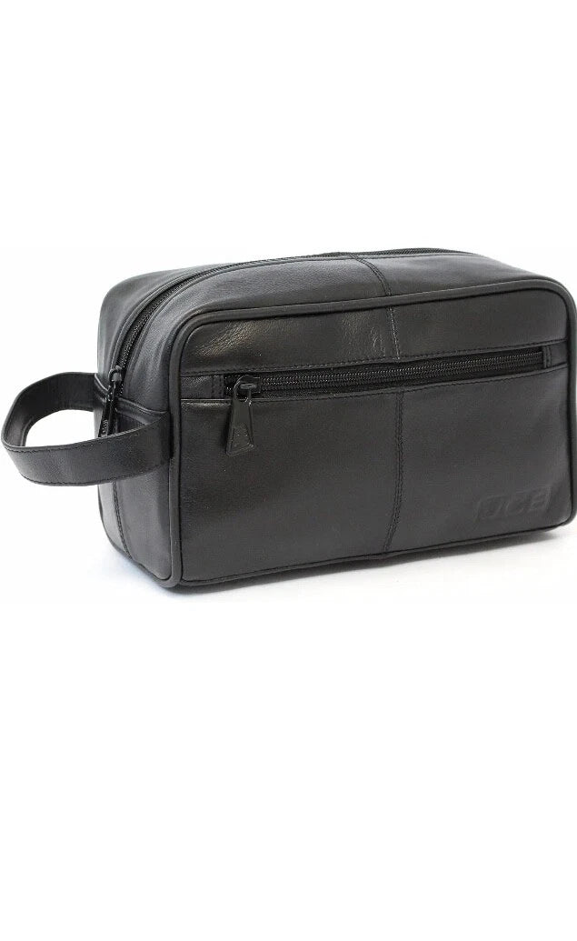 JCB Black Genuine Leather Travel Wash Bag - Zipped Travel Bags for Men Travel UK STOCK