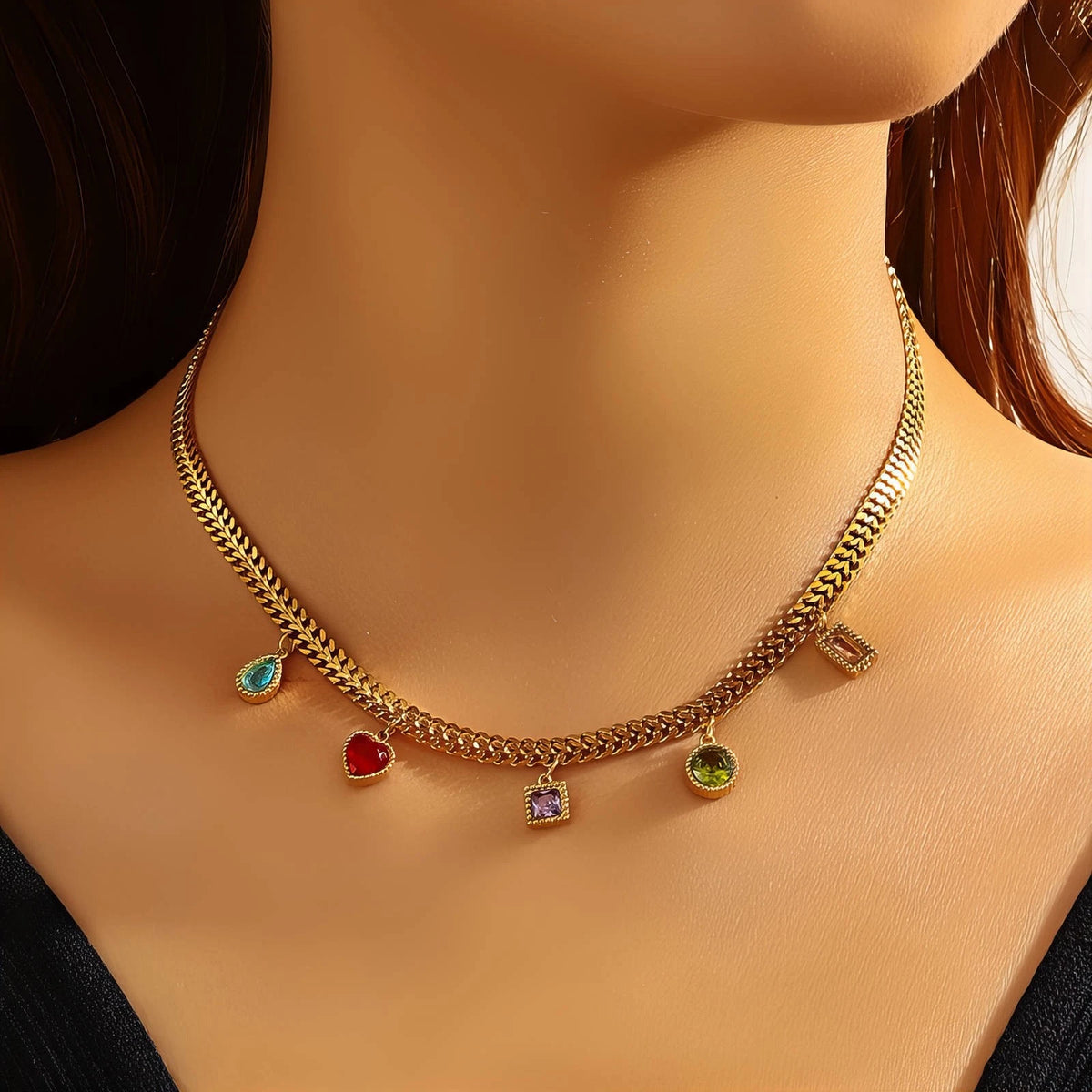 18K GOLD PLATED TITANIUM STEEL MULTICOLOUR CZ CHARM NECKLACE LADIES HER GIFT UK