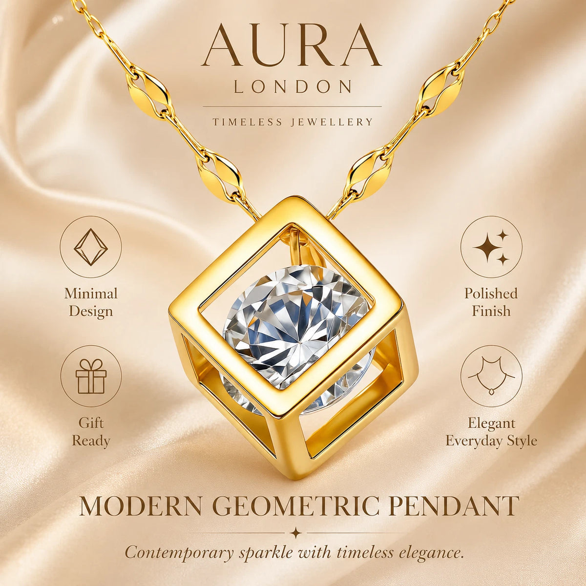 18K GOLD PLATED GEOMETRIC CUBE CZ PENDANT NECKLACE TITANIUM STEEL LADIES GIFT UK
