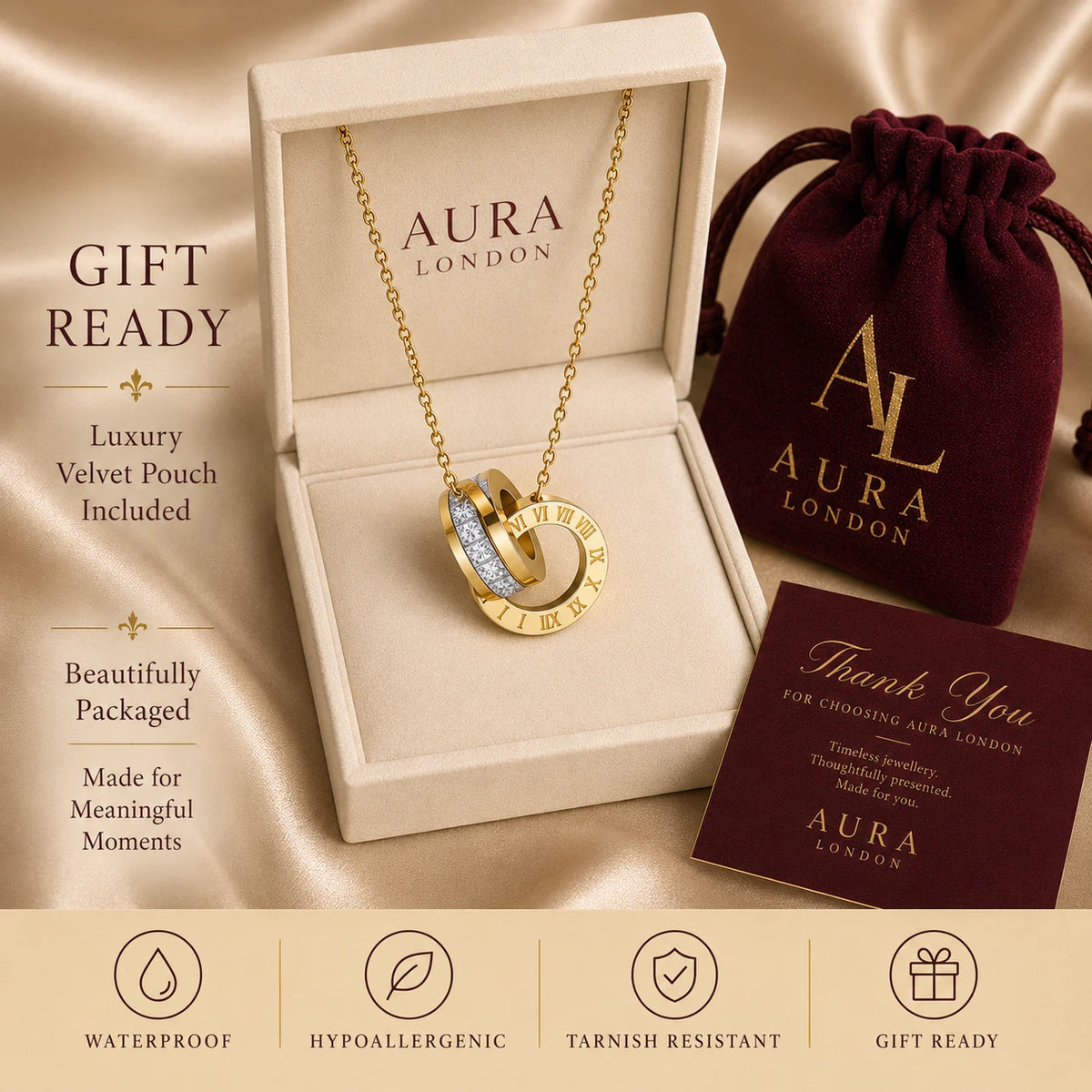 18K GOLD PLATED TITANIUM STEEL LADIES ROMAN NUMERAL DOUBLE RING CZ NECKLACE GIFT