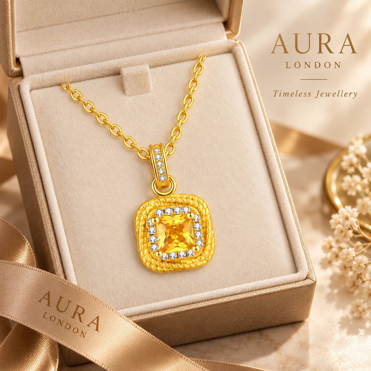 18k Gold Plated Titanium Steel Yellow CZ Necklace Waterproof Square Pendant Gift