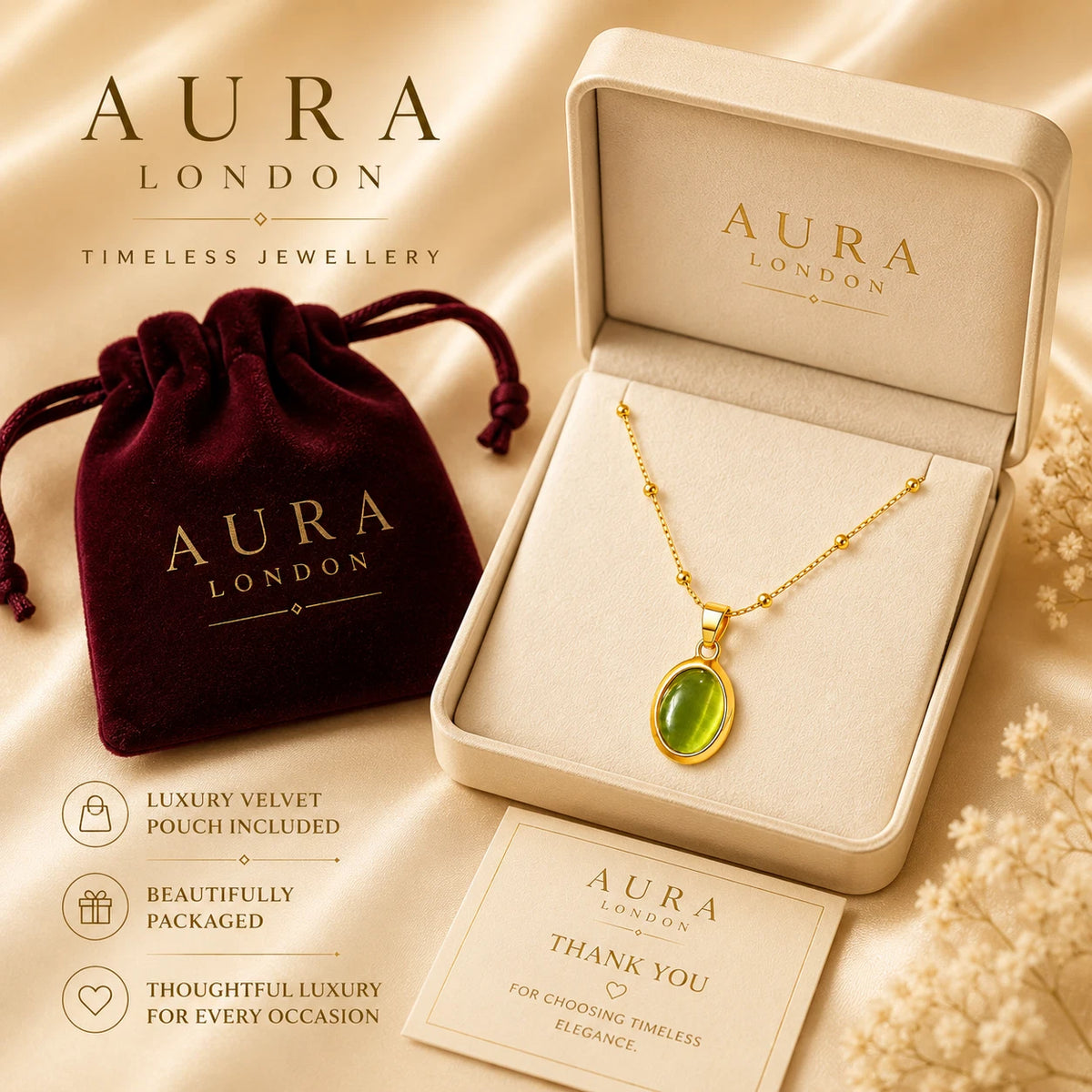 18K GOLD PLATED STAINLESS STEEL LADIES GREEN OVAL PENDANT NECKLACE WATERPROOF UK