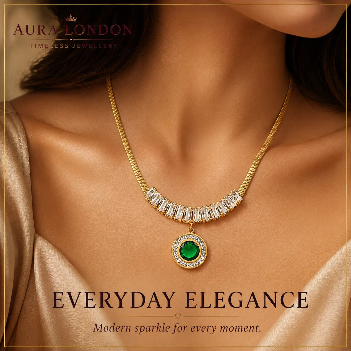 18K GOLD PLATED TITANIUM STEEL GREEN CZ HALO PENDANT NECKLACE WATERPROOF GIFT UK