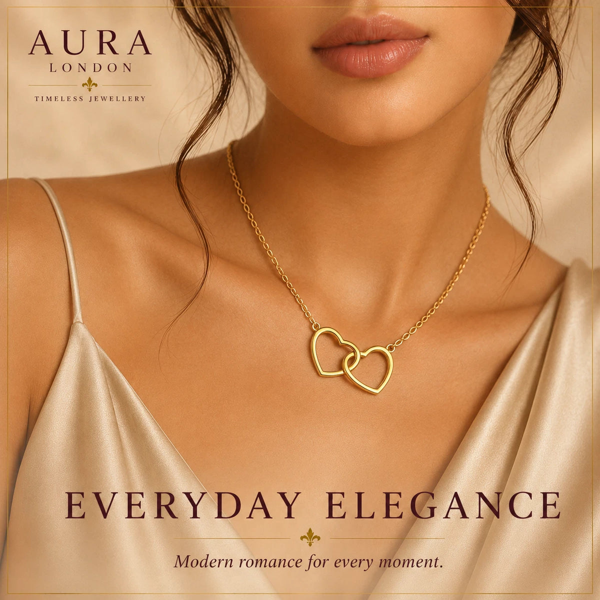 18K GOLD PLATED TITANIUM STEEL LADIES INTERLOCKING HEART NECKLACE WATERPROOF UK