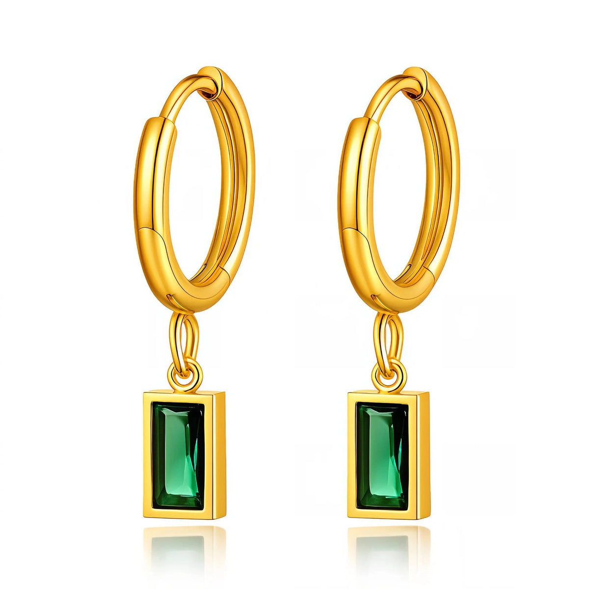 18K GOLD PLATED TITANIUM STEEL LADIES GREEN CZ DROP HOOP EARRINGS WATERPROOF UK