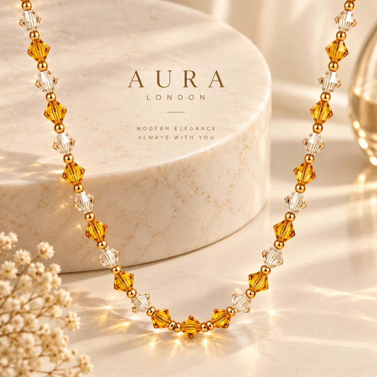 18K GOLD PLATED TITANIUM STEEL AMBER CLEAR BEADED NECKLACE WATERPROOF LADIES UK
