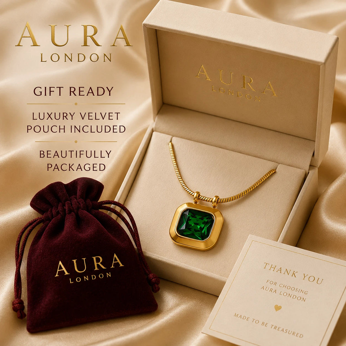 18K GOLD PLATED TITANIUM STEEL GREEN CZ PENDANT NECKLACE WATERPROOF LADIES GIFT