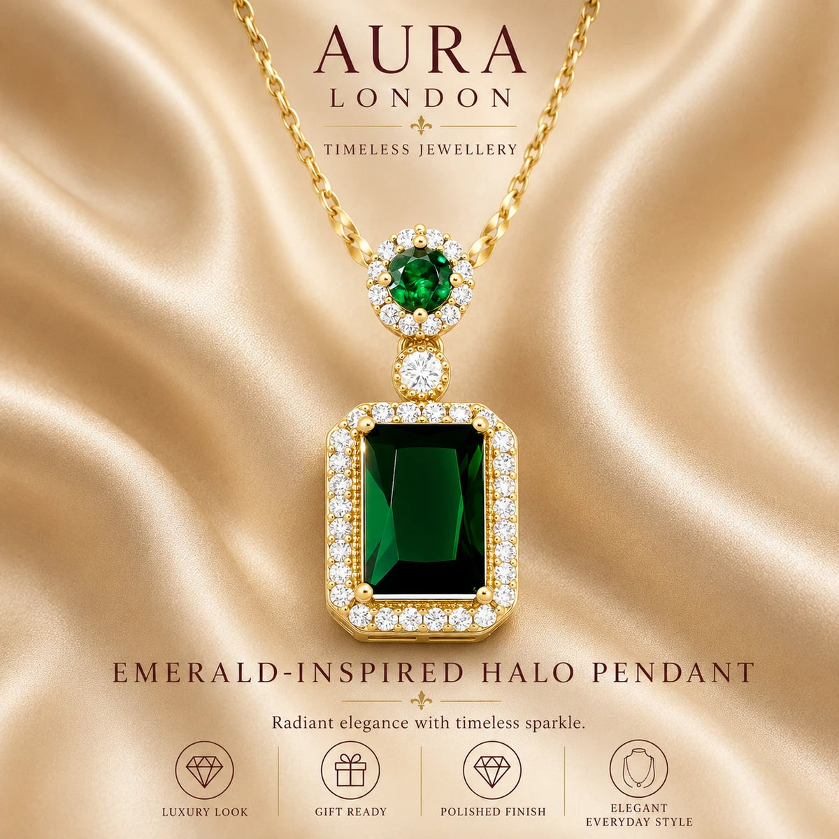 18K GOLD PLATED TITANIUM STEEL GREEN HALO CZ PENDANT NECKLACE LADIES WATERPROOF