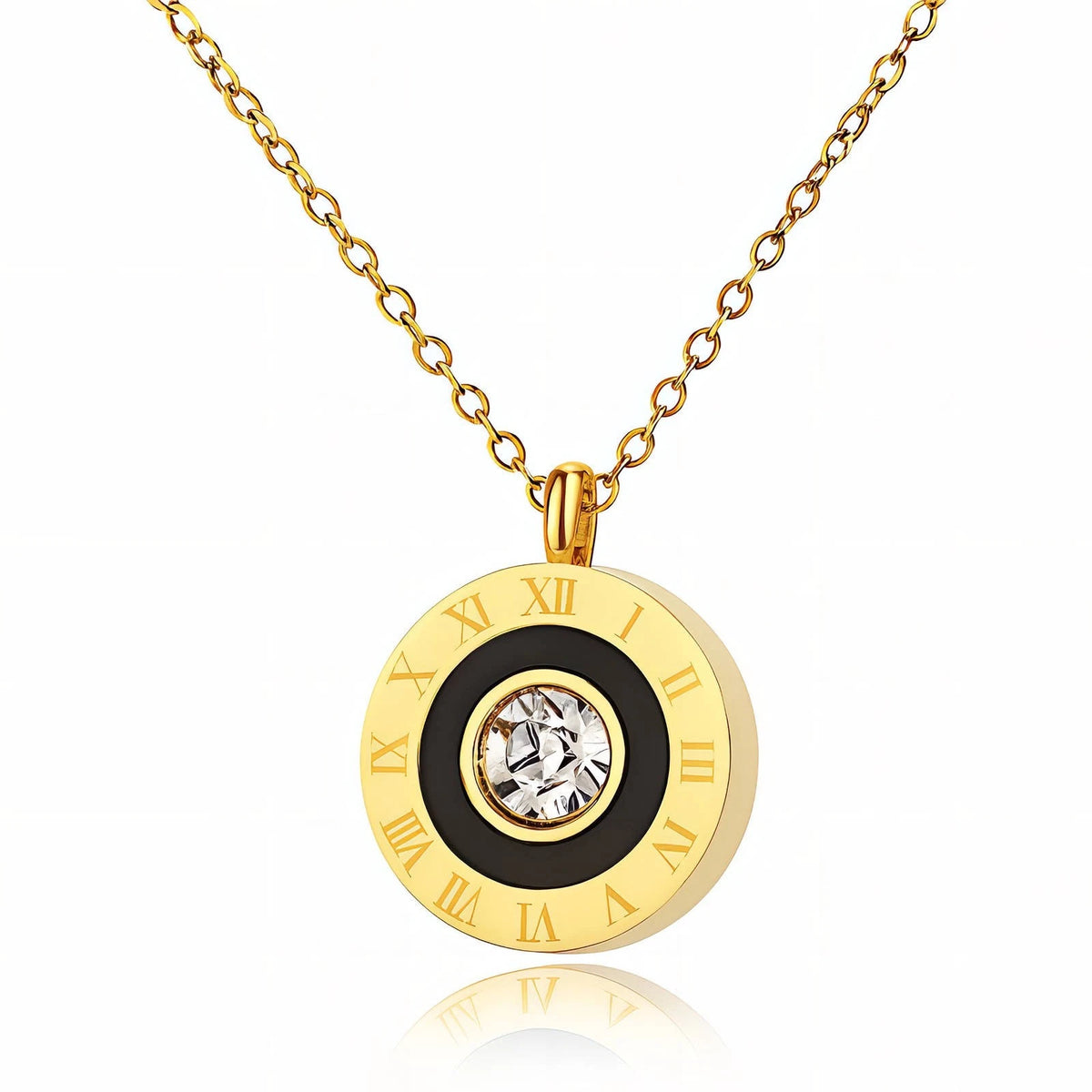 18K GOLD PLATED TITANIUM STEEL ROMAN NUMERAL CZ NECKLACE LADIES ANTI TARNISH UK