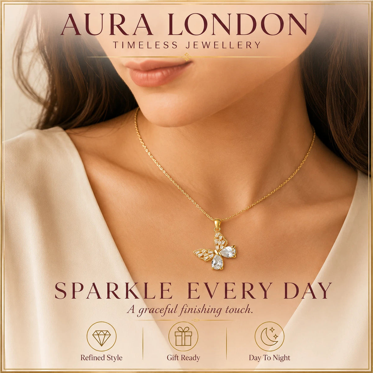 18K GOLD PLATED TITANIUM STEEL BUTTERFLY CZ PENDANT NECKLACE PVD WATERPROOF UK