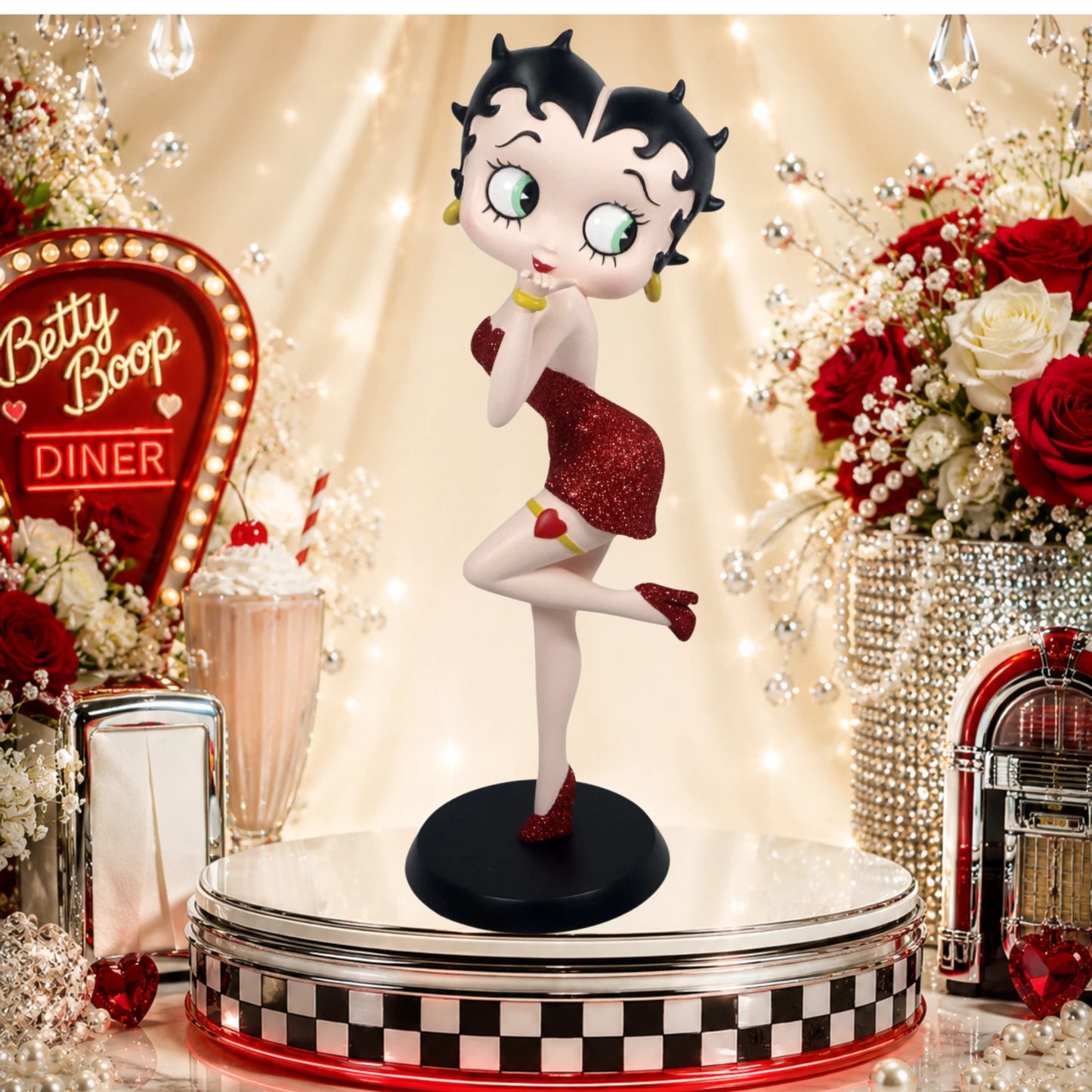 BETTY BOOP RED GLITTER DRESS FIGURINE BLOWING KISSES ORNAMENT GIFT 32CM DECOR UK STOCK