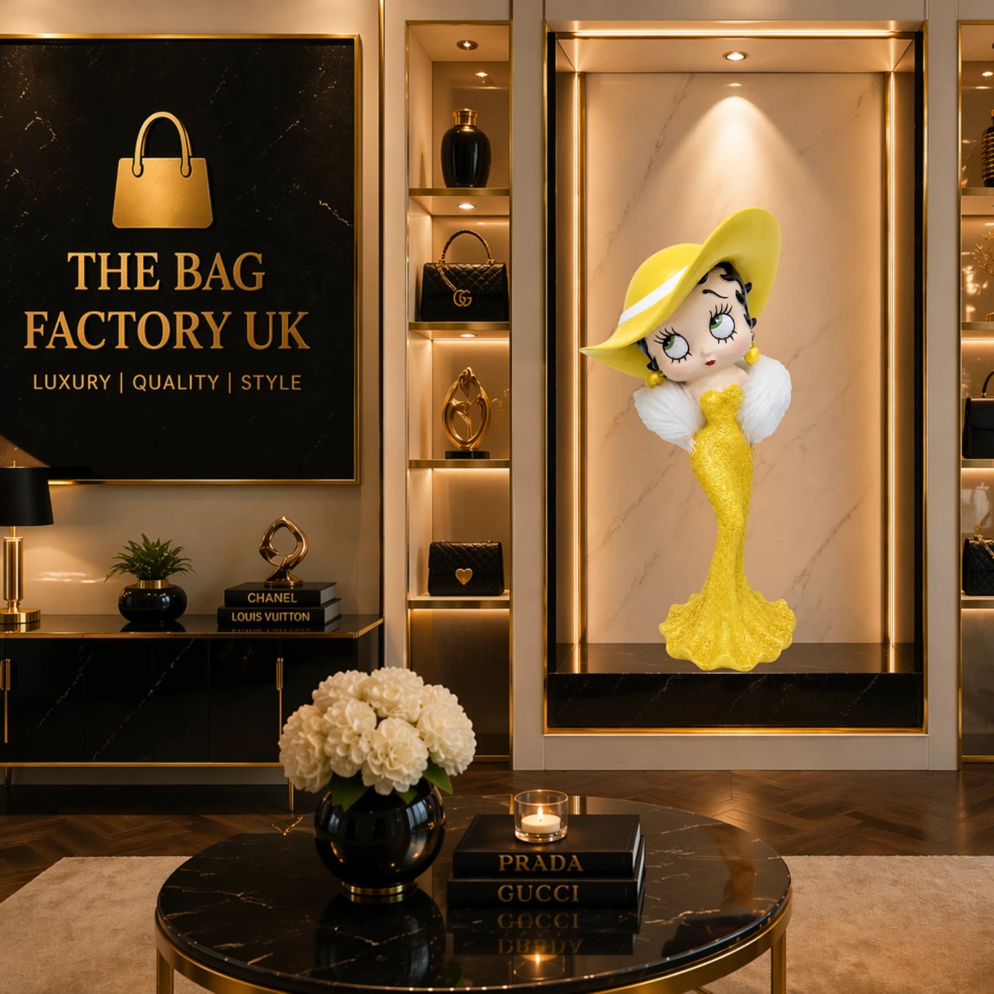BETTY BOOP MADAM YELLOW DRESS FIGURINE WITH HAT FUR STOLE ORNAMENT VINTAGE GIFT UK STOCK