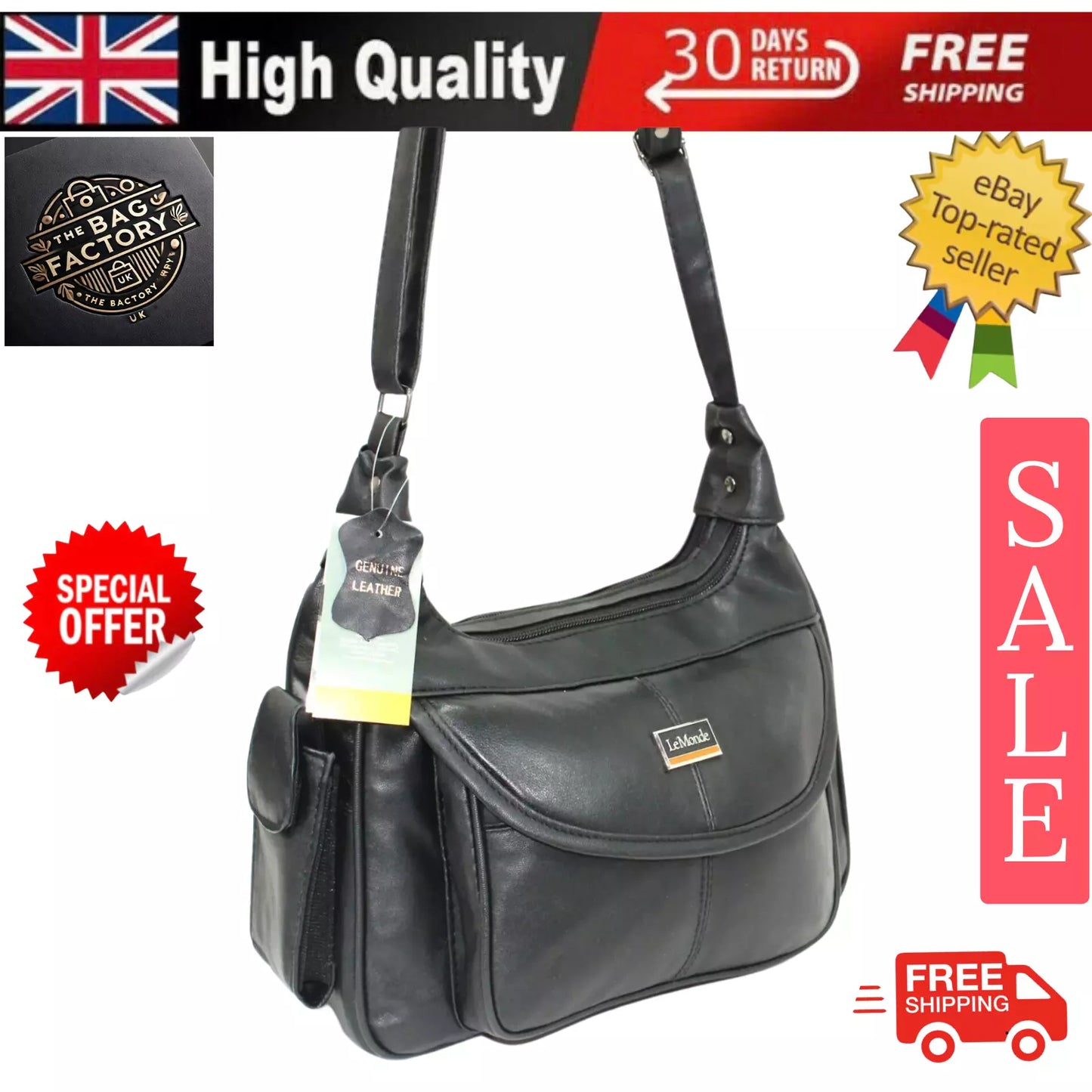 WOMEN'S GENUINE LEATHER SHOULDER BAG – MULTI-POCKET HANDBAG | LT16 | UK STOCK