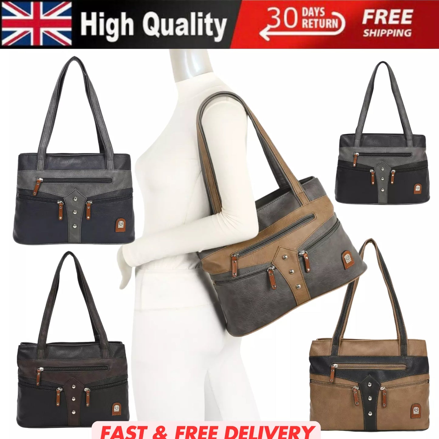 WOMEN'S VEGAN SOFT LEATHER CLASSIC HANDBAG SHOULDER BAG MULTIPOCKETS DURABLE UK