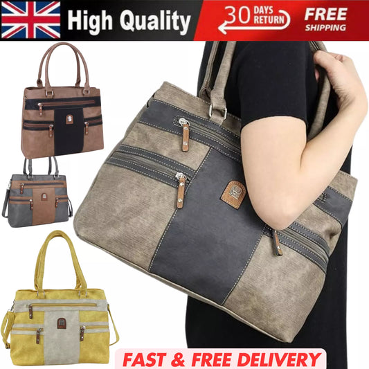 WOMEN'S VEGAN SOFT LEATHER VINTAGE HANDBAG SHOULDER BAG MULTIPOCKETS & DURABLE UK STOCK