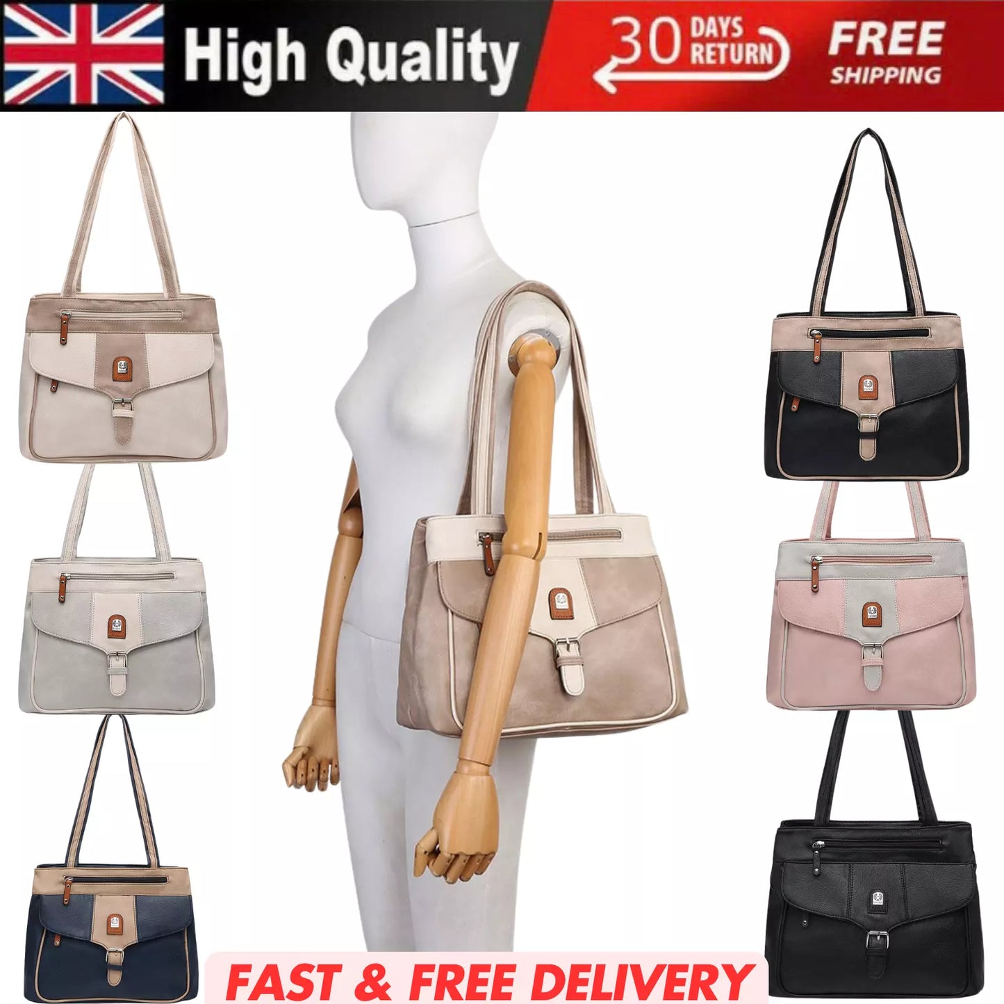 WOMEN'S  VEGAN SOFT LEATHER CLASSIC HANDBAG SHOULDER BAG MULTI POCKETS  & DURABLE BAG UK STOCK