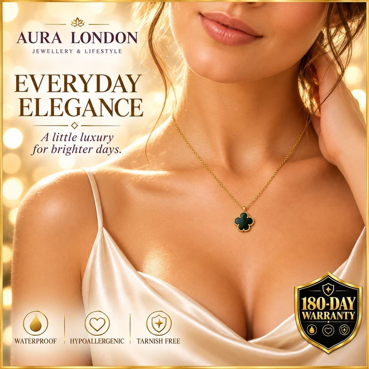 18K GOLD PLATED TITANIUM STEEL BLACK CLOVER PENDANT NECKLACE WATERPROOF GIFT UK