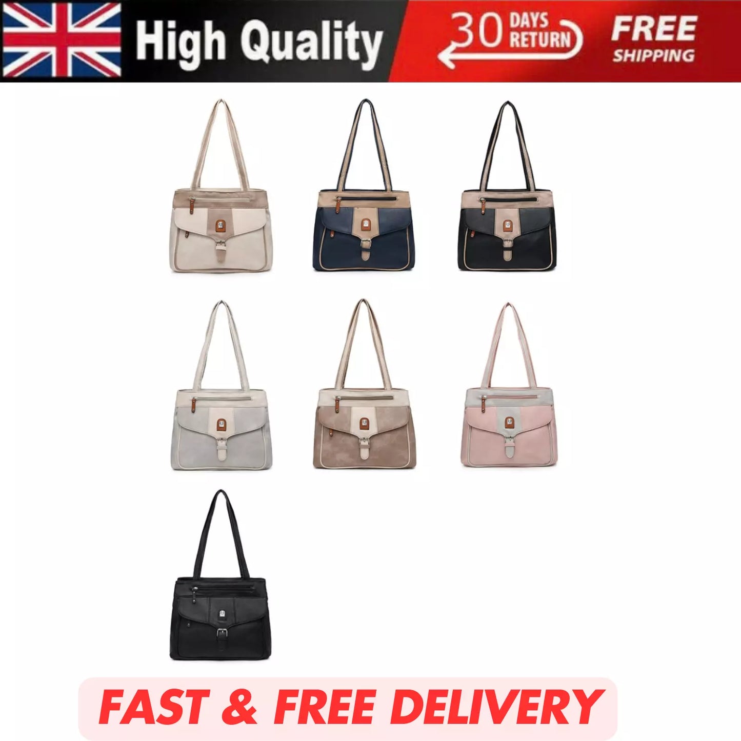 WOMEN'S  VEGAN SOFT LEATHER CLASSIC HANDBAG SHOULDER BAG MULTI POCKETS  & DURABLE BAG UK STOCK