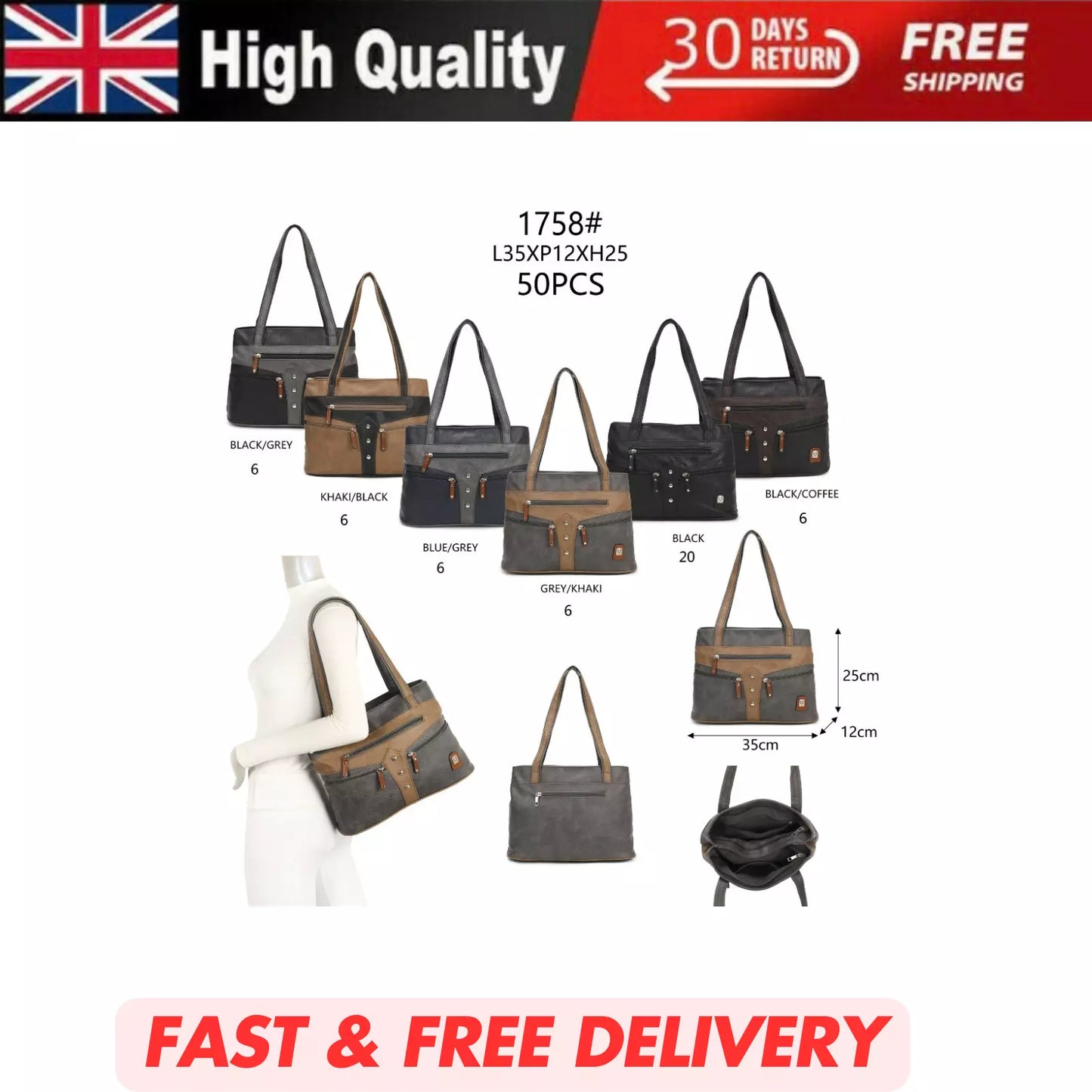 WOMEN'S VEGAN SOFT LEATHER CLASSIC HANDBAG SHOULDER BAG MULTIPOCKETS DURABLE UK