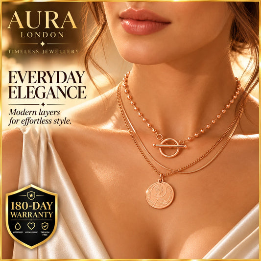 18K GOLD PLATED TITANIUM STEEL TRIPLE LAYER ROSE GOLD COIN NECKLACE WATERPROOF