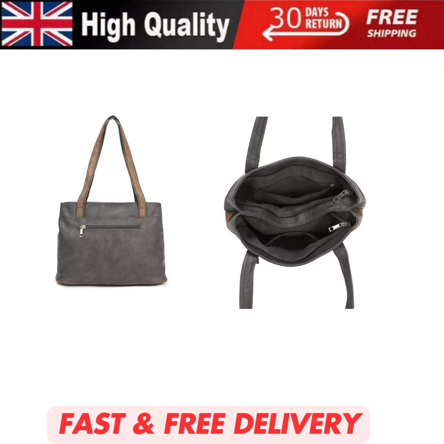 WOMEN'S VEGAN SOFT LEATHER CLASSIC HANDBAG SHOULDER BAG MULTIPOCKETS DURABLE UK
