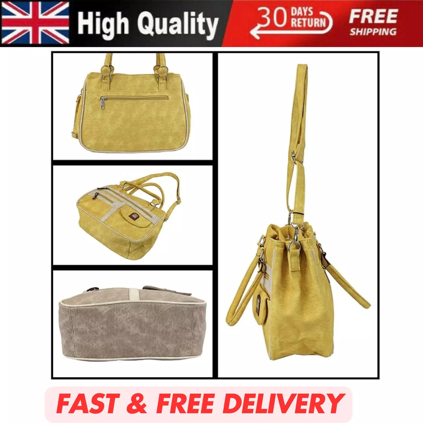 WOMEN'S VEGAN SOFT LEATHER VINTAGE HANDBAG SHOULDER BAG MULTI POCKETS & DURABLE  BAG UK STOCK