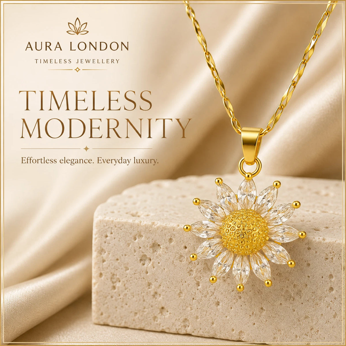 18K GOLD PLATED TITANIUM STEEL DAISY FLOWER CZ PENDANT NECKLACE WATERPROOF GIFT