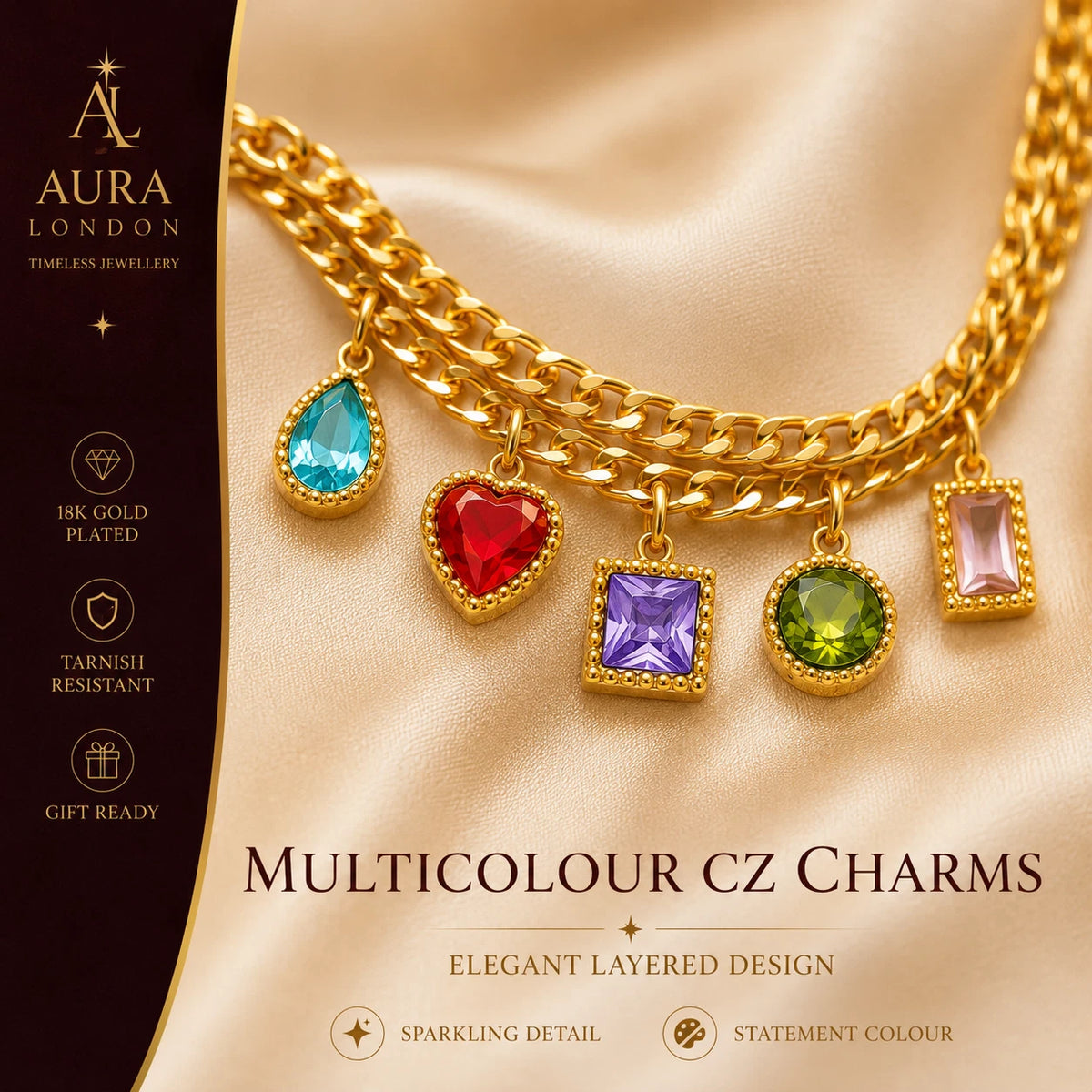 18K GOLD PLATED TITANIUM STEEL MULTICOLOUR CZ CHARM NECKLACE LADIES HER GIFT UK