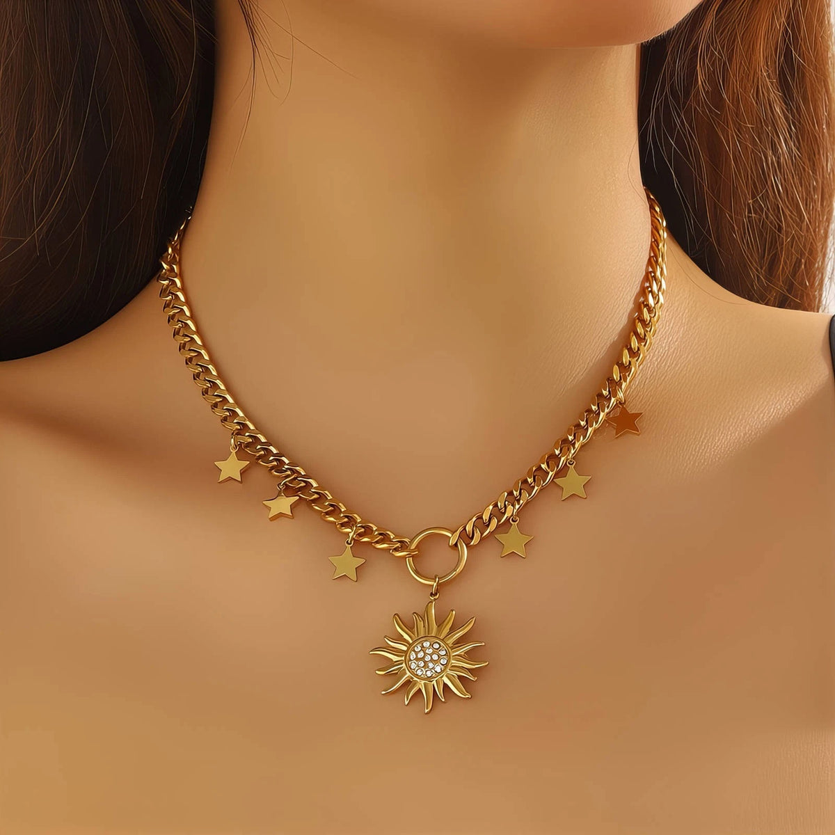 18K GOLD PLATED TITANIUM STEEL LADIES SUN STAR CZ NECKLACE CELESTIAL WATERPROOF