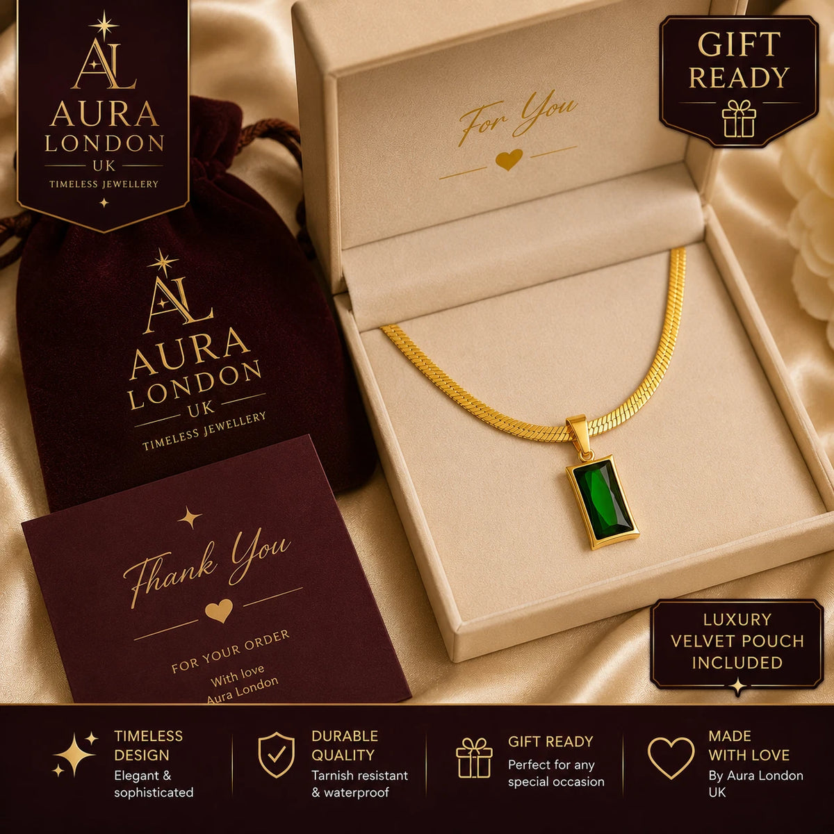 18K GOLD PLATED TITANIUM STEEL GREEN CZ PENDANT NECKLACE WATERPROOF LADIES UK