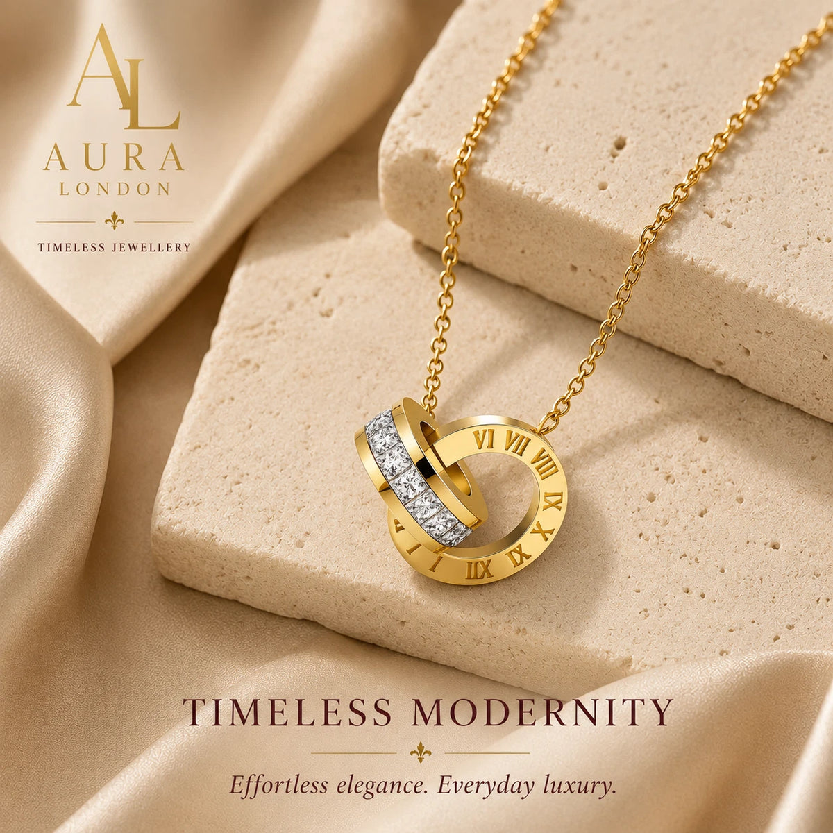 18K GOLD PLATED TITANIUM STEEL LADIES ROMAN NUMERAL DOUBLE RING CZ NECKLACE GIFT