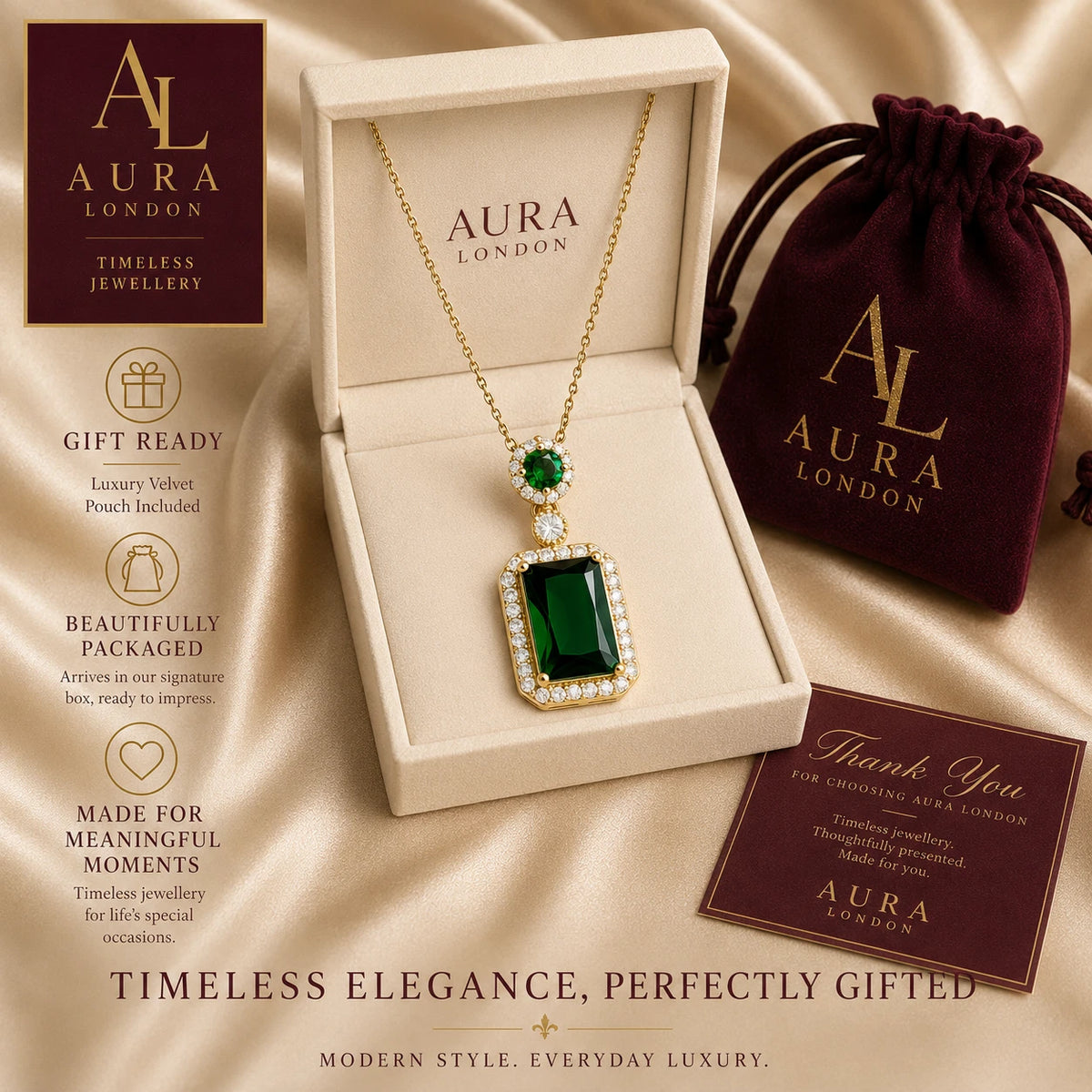 18K GOLD PLATED TITANIUM STEEL GREEN HALO CZ PENDANT NECKLACE LADIES WATERPROOF