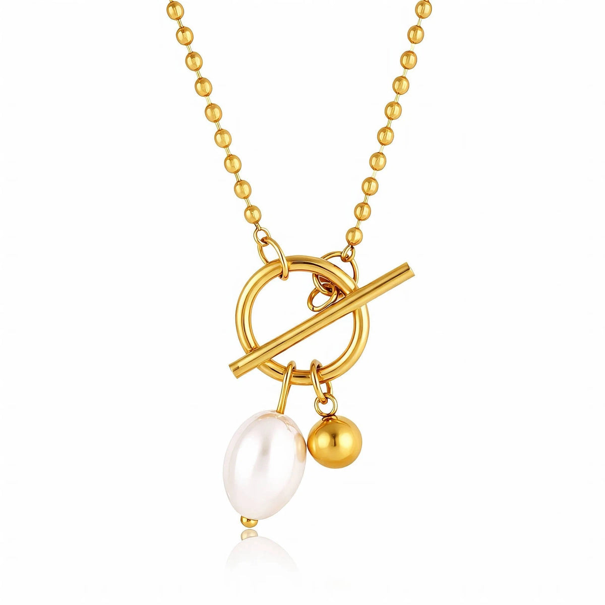 18K GOLD PLATED STAINLESS STEEL FRESHWATER PEARL TOGGLE NECKLACE LADIES GIFT UK