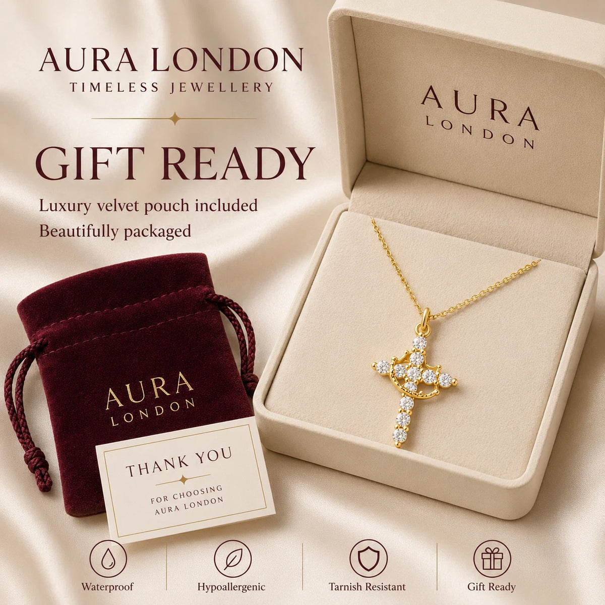 18K GOLD PLATED TITANIUM STEEL CROSS CZ NECKLACE PVD GOLD PLATED WATERPROOF GIFT